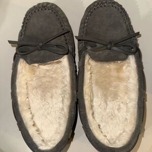 Gray Suede Moccasin Slippers with Faux Fur Lining